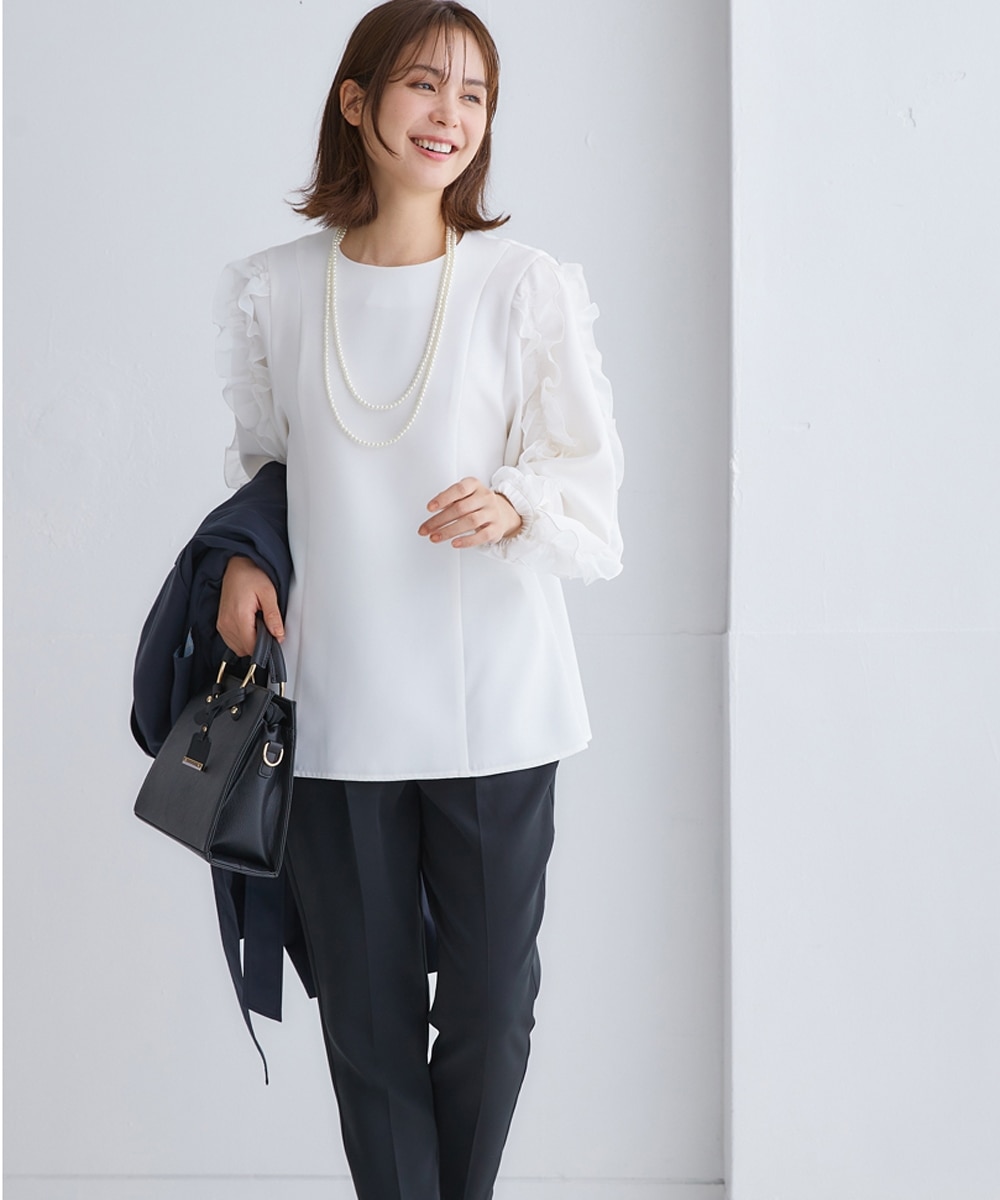 フリルブラウスセットアップ（フリル袖ブラウス+タックテーパード