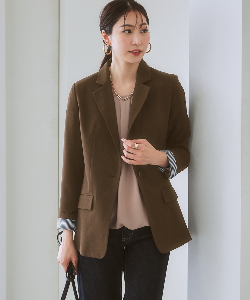 洗えるロング丈テーラードジャケット【プリント裏地付】（ウール調