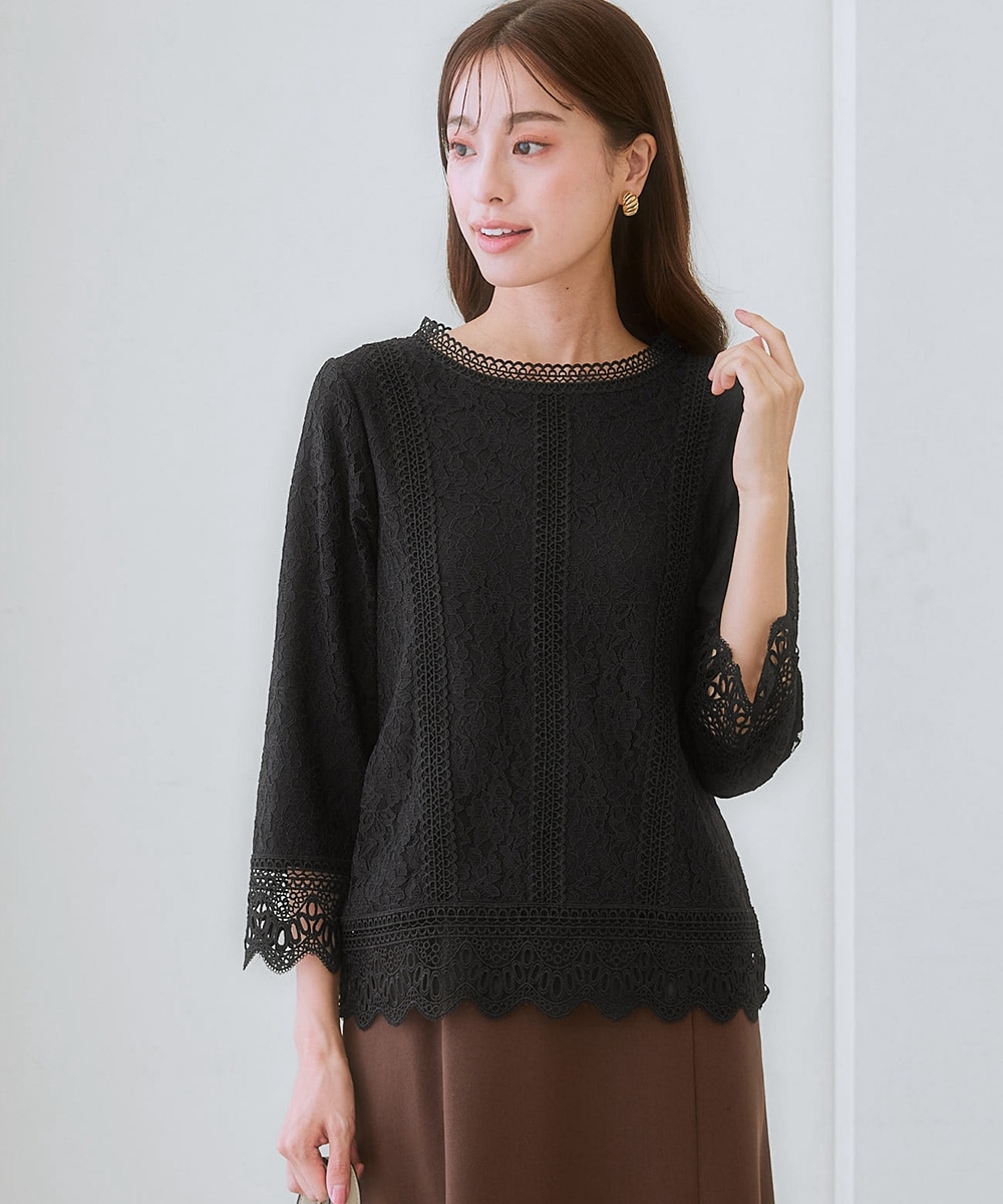 カットソー裏地付】総レース8分袖ブラウス（ウォッシャブル）<大きい