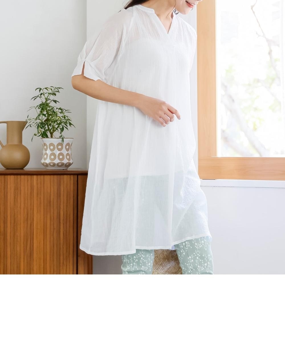 大きいサイズ 綿混涼やか5分袖バンドカラーシャツチュニック（透け