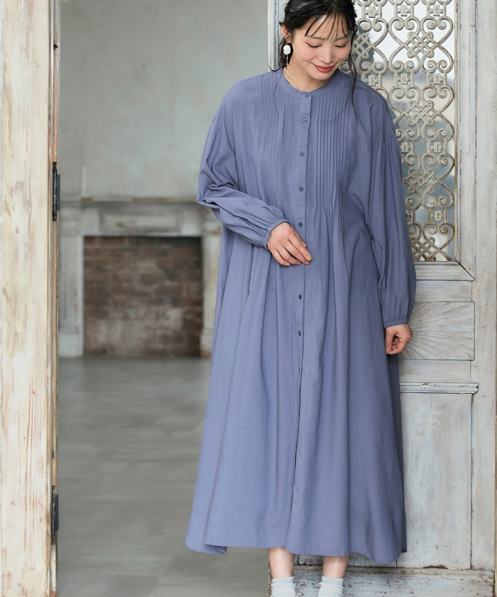 大きいサイズ＞綿混スタンドカラーピンタックシャツワンピース 通販