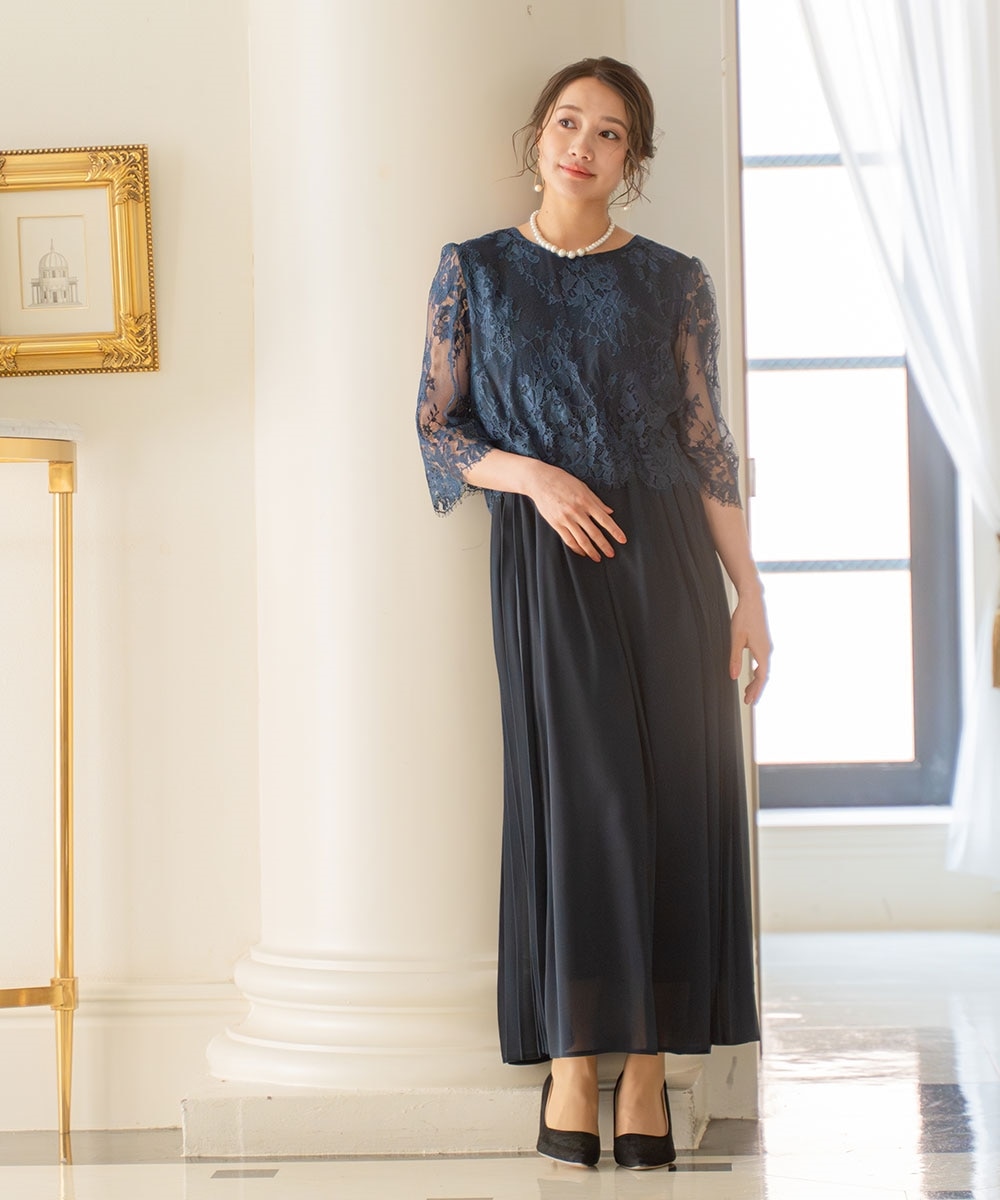 結婚式・パーティードレス】レース切替サイドプリーツワンピースドレス