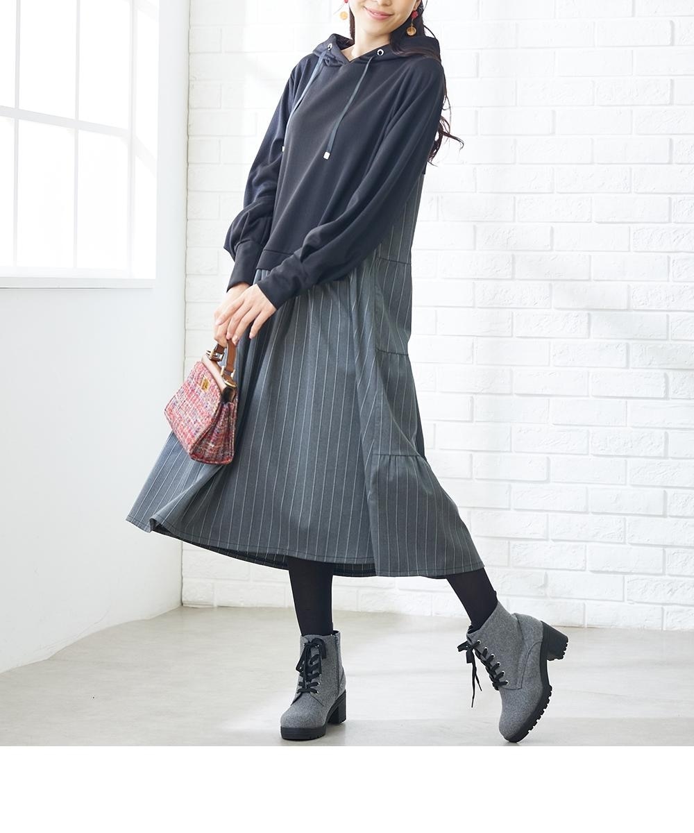 フード付バックティアード異素材ドッキングワンピース【Otona Purete