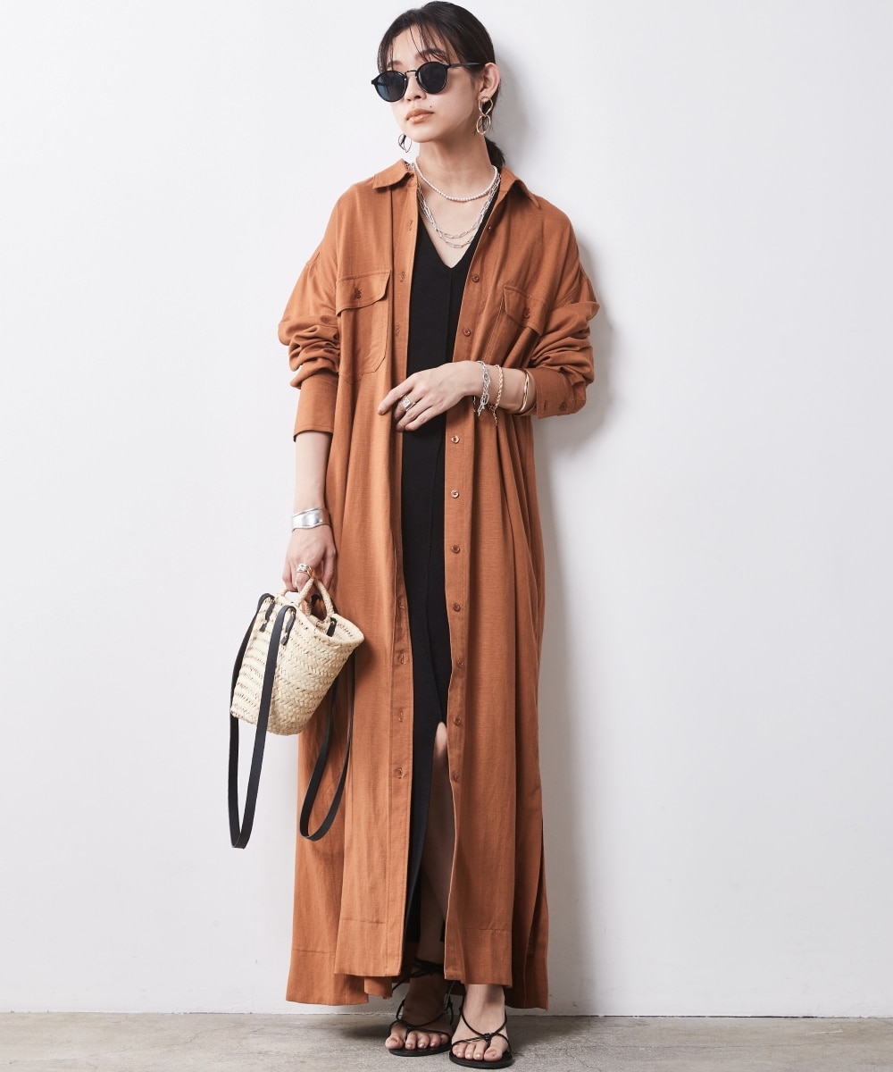 大きいサイズ＞レーヨン麻マキシシャツワンピース シックスタイル 通販