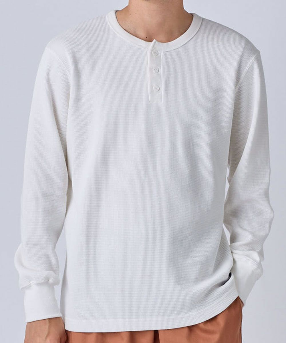 ヘビーウェイトワッフルヘンリーネック長袖Tシャツ【大きいサイズ有