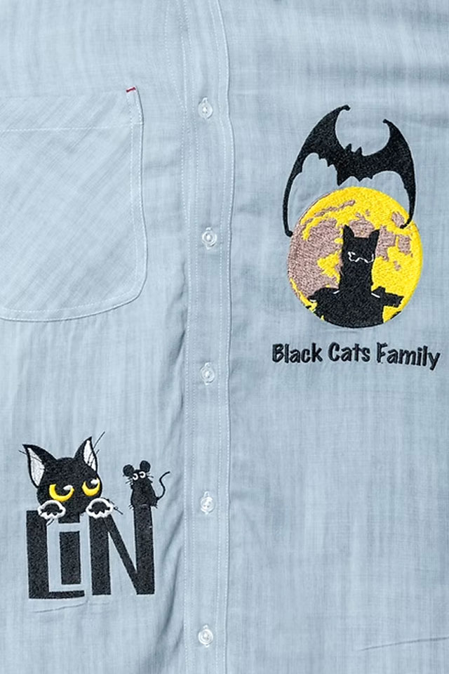 ラミ＆アール BLACK CATS FAMILY総刺繍長袖シャツ LI N AL-75805 黒猫