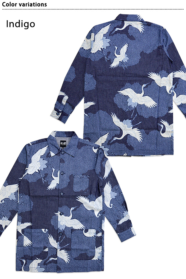 シャツコート 舞鶴抜染デニム総柄 衣櫻 和柄 和風 ツル 送料無料 日本