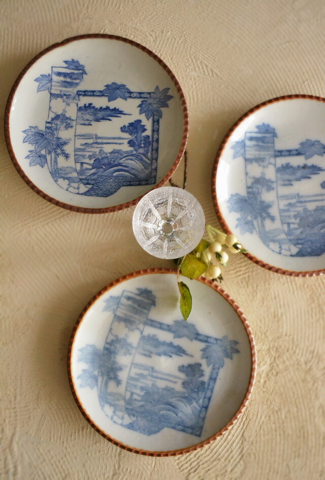 Antique Sam's Collection 染付印判 イゲ皿 三枚組 直径220mm ヤマトク製