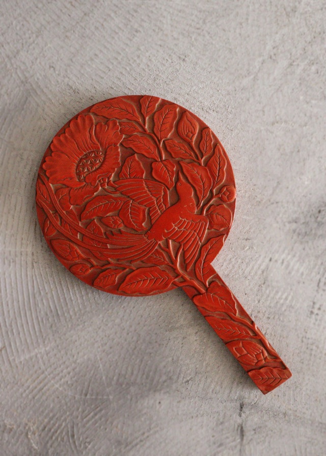 鎌倉彫手鏡 堆朱のような手鏡 花鳥図 手仕事 民藝 朱塗 手鏡