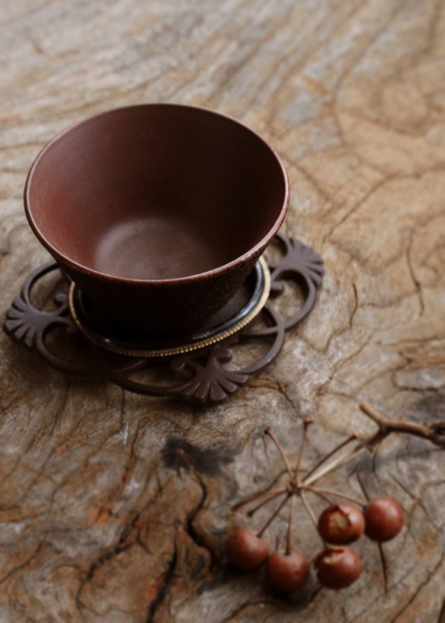 透かし銅製 茶托 引手金具 4枚組 茶器 茶托 煎茶道具 骨董 古玩 民具