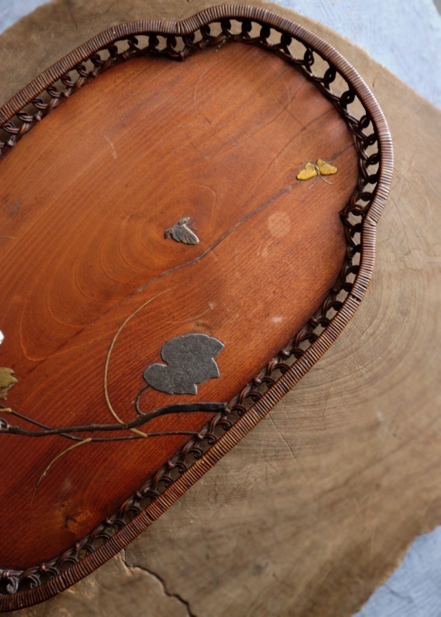 芝山象嵌蒔絵 ムクゲ紋長盆 蒔絵盆籐編 螺鈿 民藝 煎茶盆 民藝