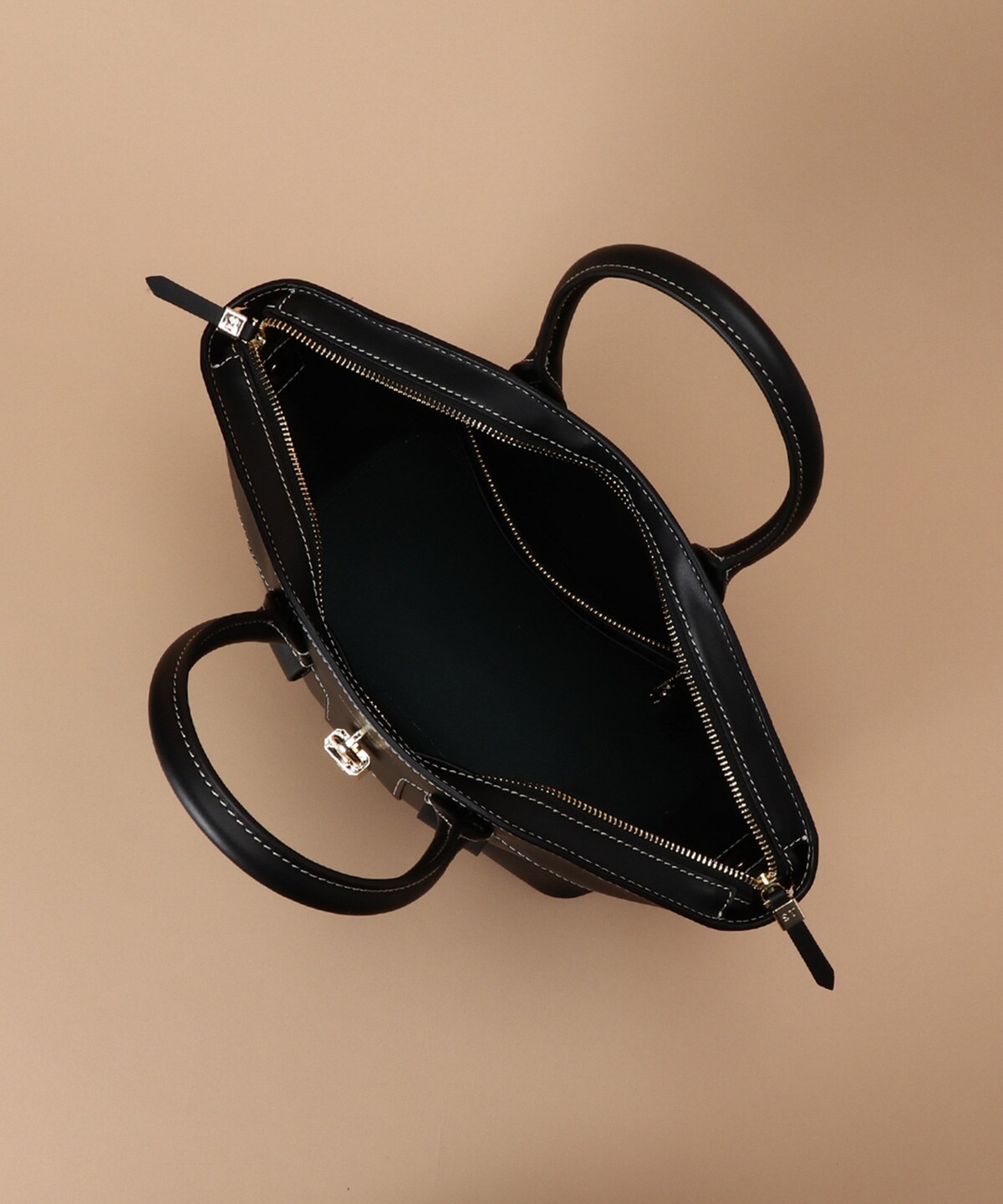 ステッチデザイン レザーハンドバッグ(FREE ブラック): Samantha