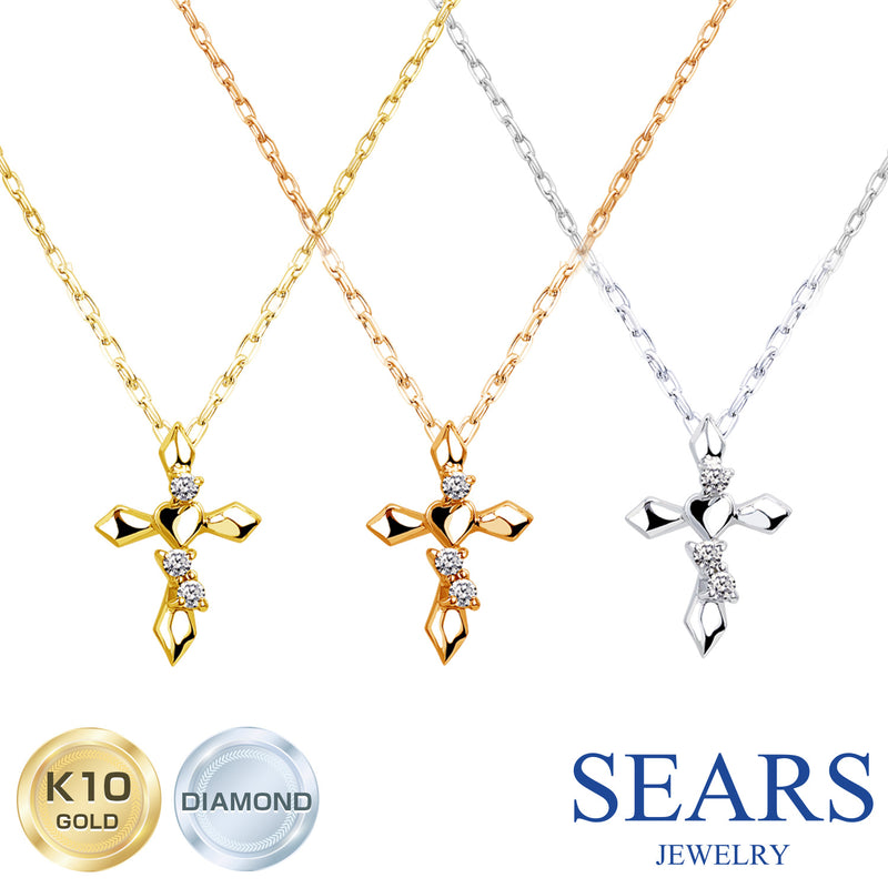 ネックレスクロス 十字架 ハート レディース K10 ゴールド WG YG PG