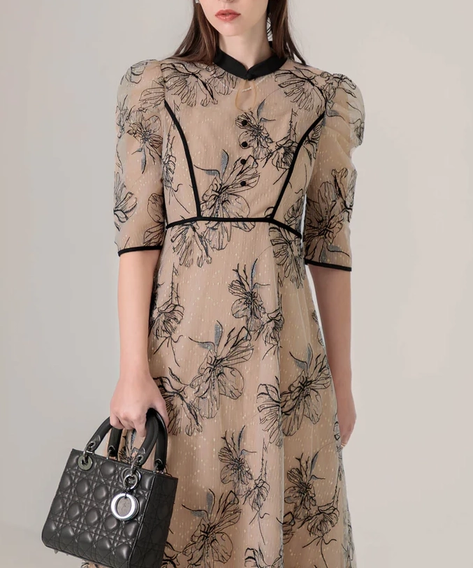 Sサイズ】配色パピングプチハイネック花柄刺繍ラメレースロング丈