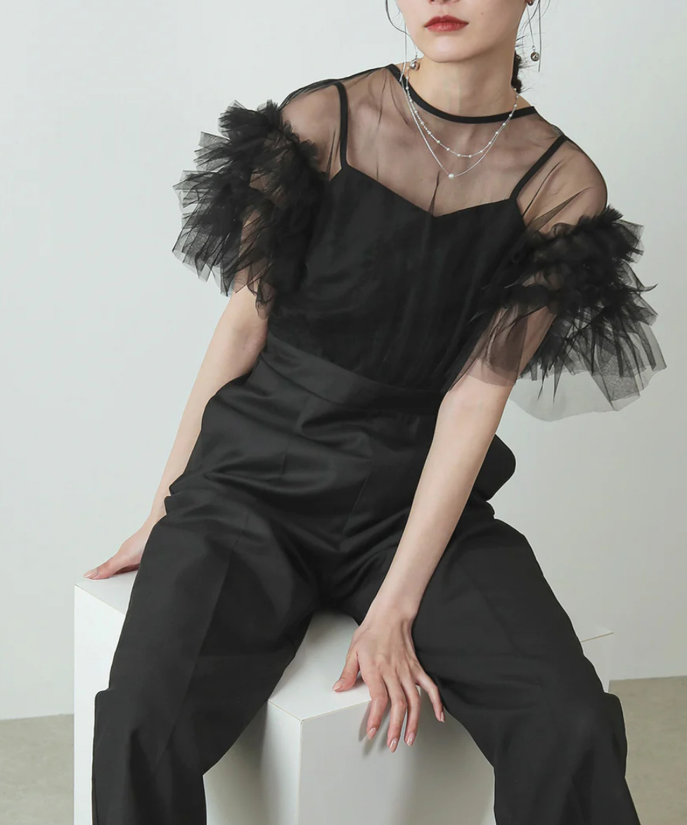 Mサイズ】チュール ティアードフリル ハイウエスト パンツドレス 結婚