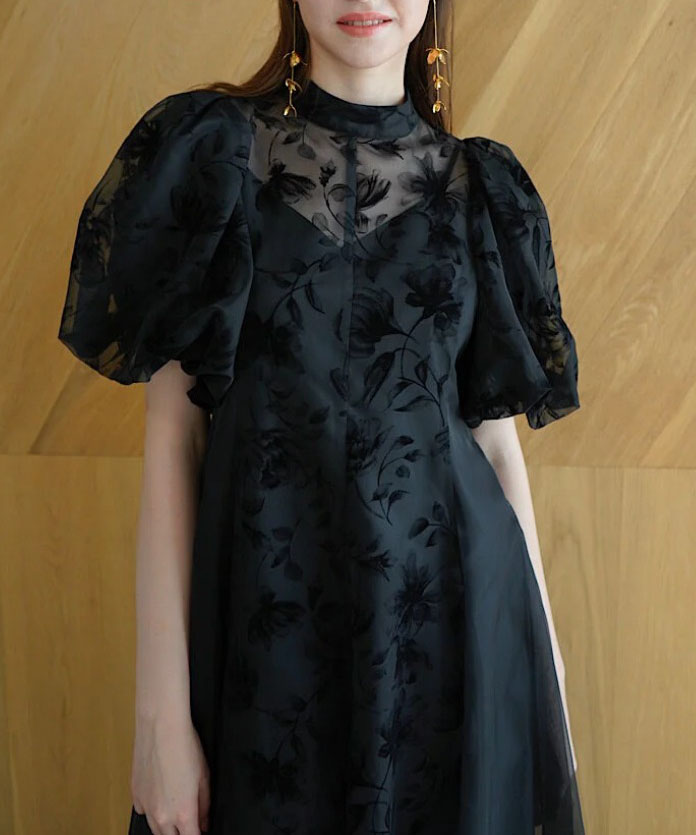 1サイズ】puffy sheer flower dress (black) Acka.（エーシーケーエー