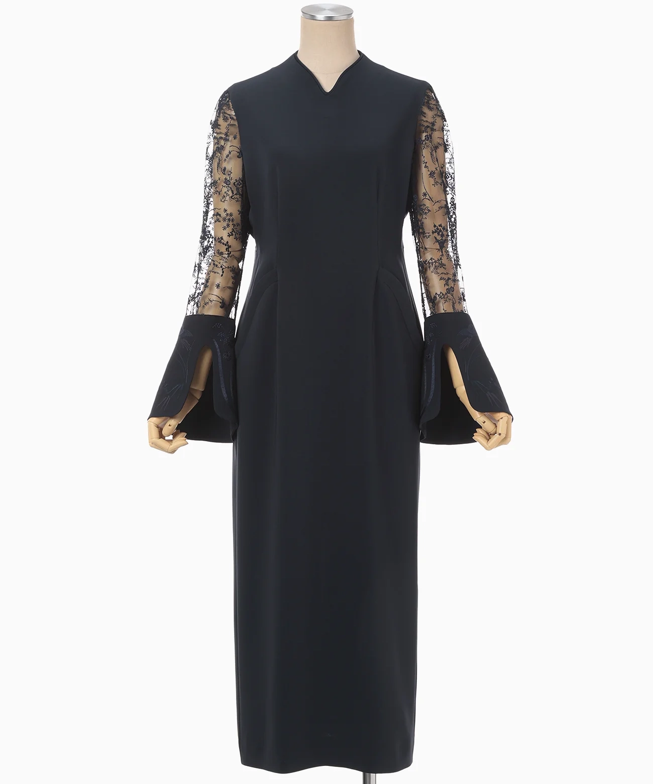 2サイズ】Acetate Polyester Floral Lace-Sleeve Dress - navy Mame