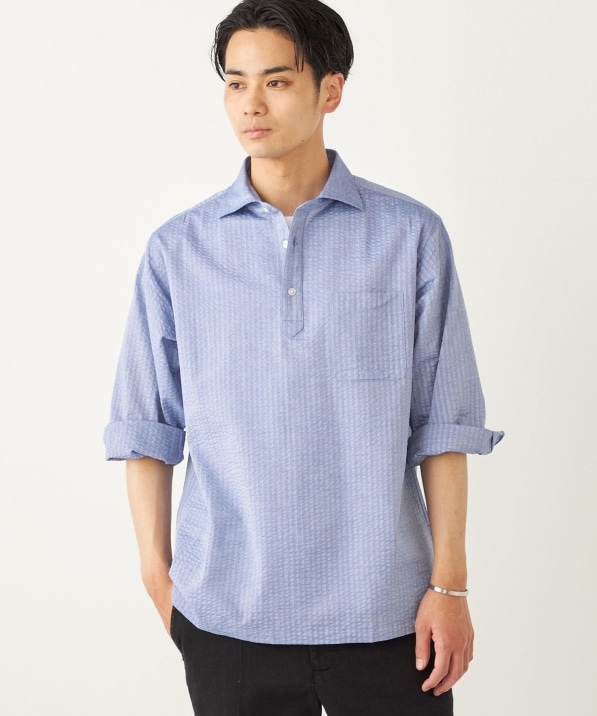 SHIPS Colors:〈洗濯機可能〉シアーサッカー スキッパー 7分袖 シャツ