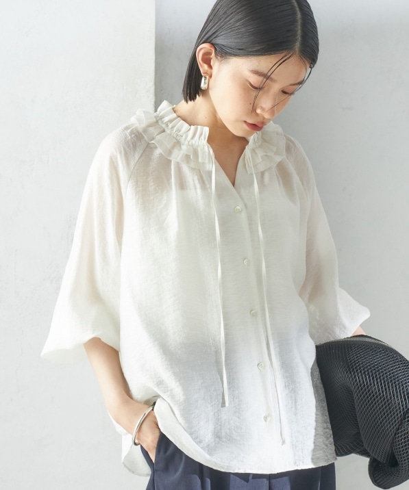 手洗い可能〉シルク混 シアー フリル ネック ギャザー ブラウス