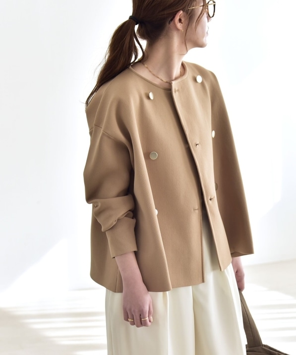 quaranciel:〈手洗い可能〉ニット ノーカラー ダブル ジャケット