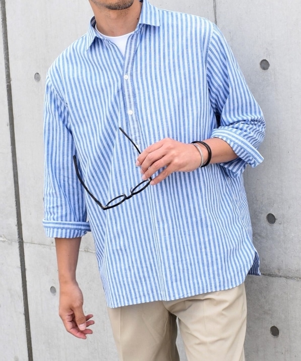 SHIPS any: 〈洗濯機可能〉コットン / リネン ブルー ストライプ 7分袖