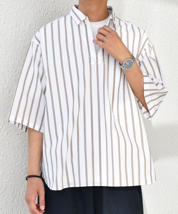 SHIPS any: ストライプ スモールウェイブ スキッパー プルオーバー