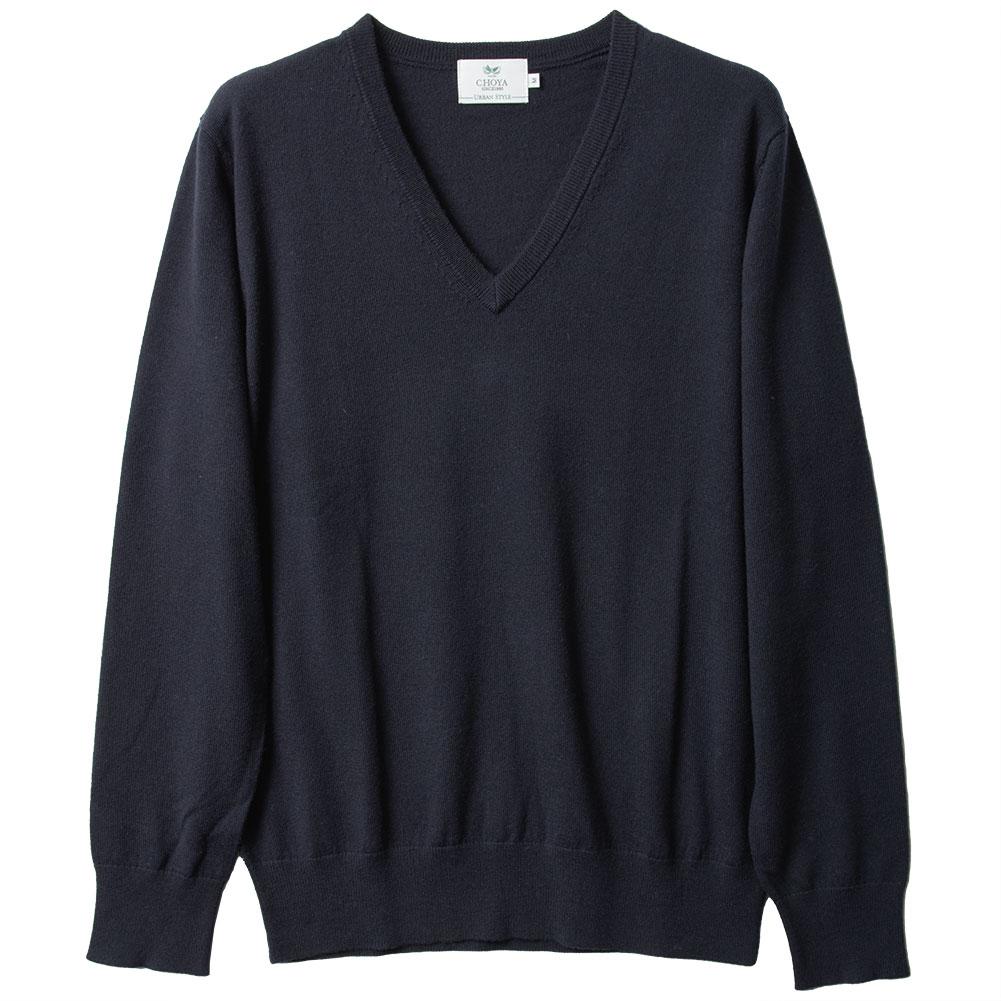 Vネックプルオーバー セーター ウール100% 全3色 ネイビー 紺色