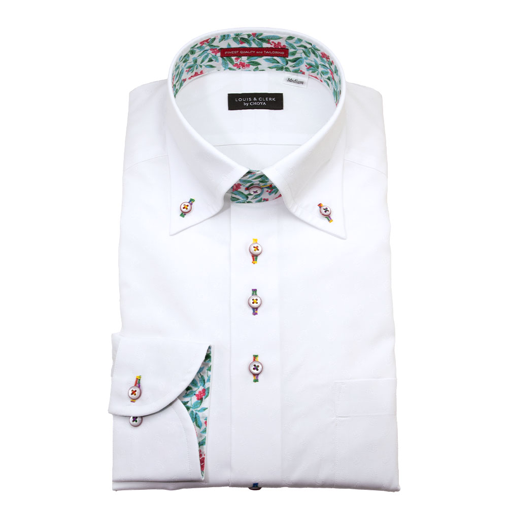 ワイシャツ 花柄 草木、ボタニカル ホワイト ジャカード LOUIS & CLERK