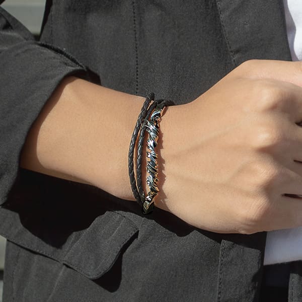 編革レザーブレスレット（ブラック）×シルバー 3重巻き [DB-177]
