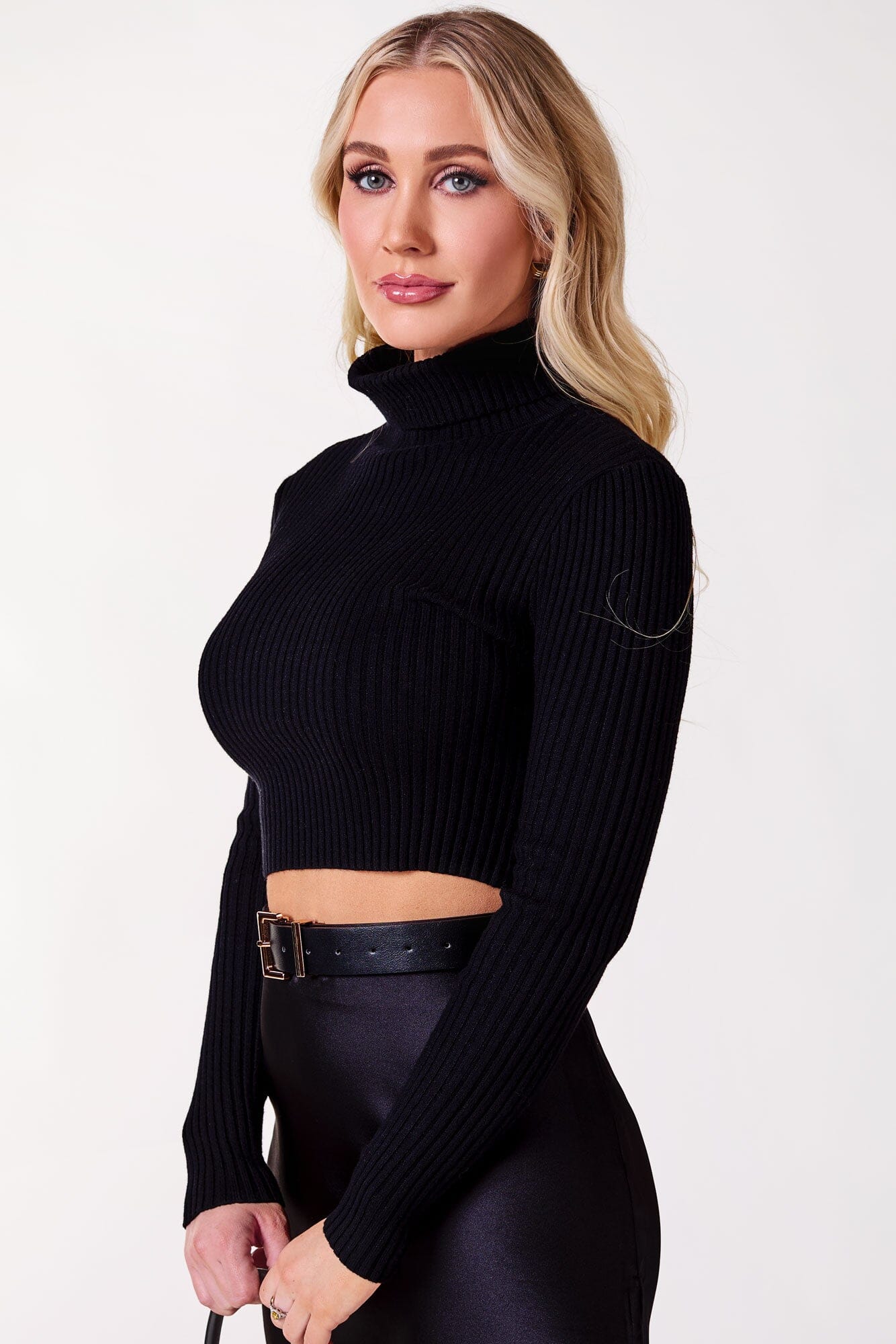 Hazy Black Ribbed Crop Turtleneck Top by Priceless