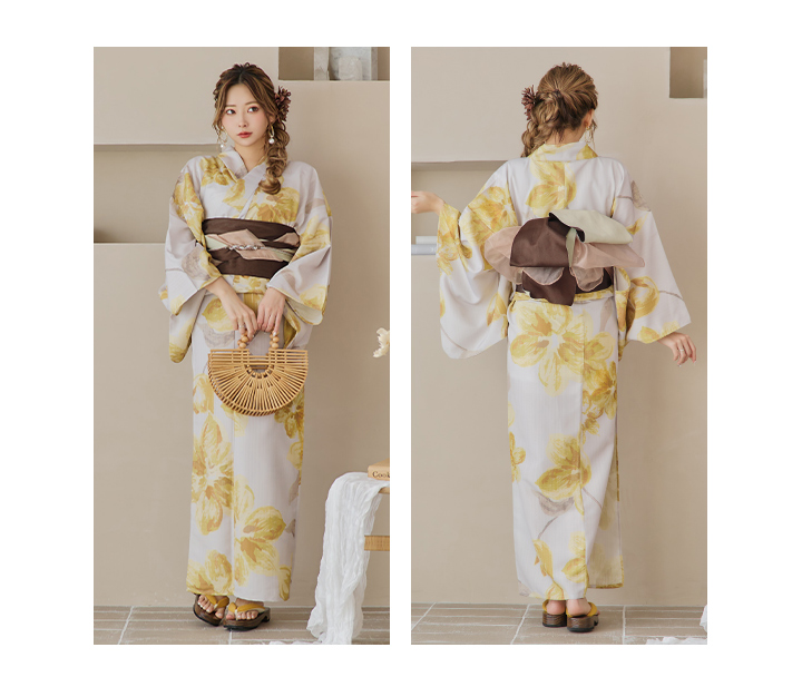 即日発送！】グレージュ×イエローフラワー浴衣 【浴衣3点セット 浴衣