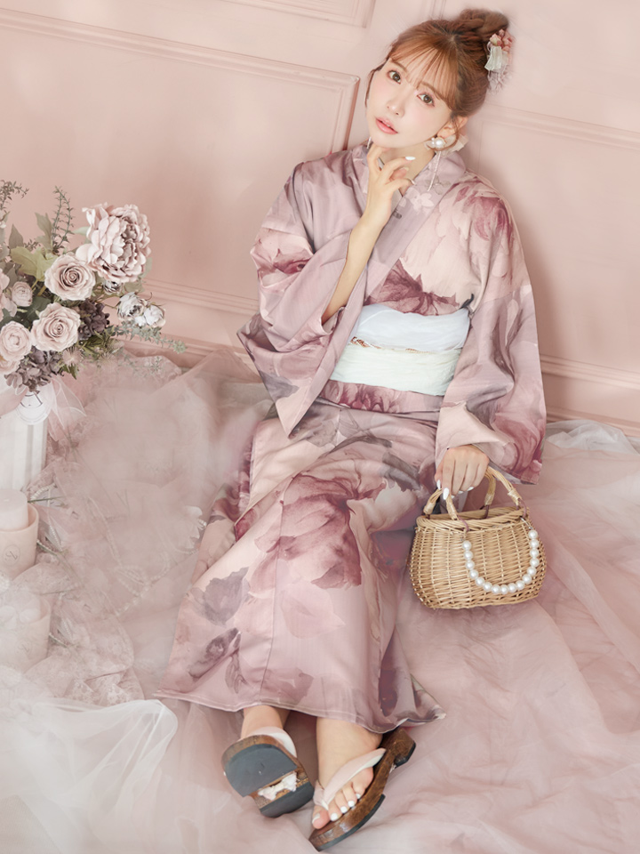 即日発送】アンティークフラワーピンク浴衣【浴衣3点セット 浴衣/帯