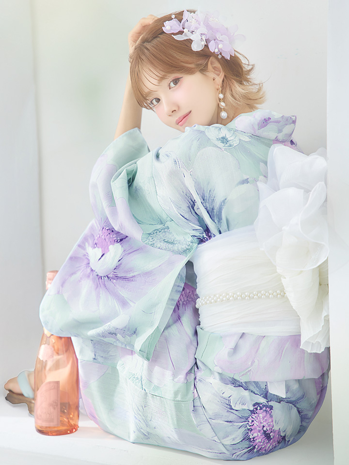 即日発送】ニュアンスフラワーミント牡丹浴衣【浴衣3点セット 浴衣/帯