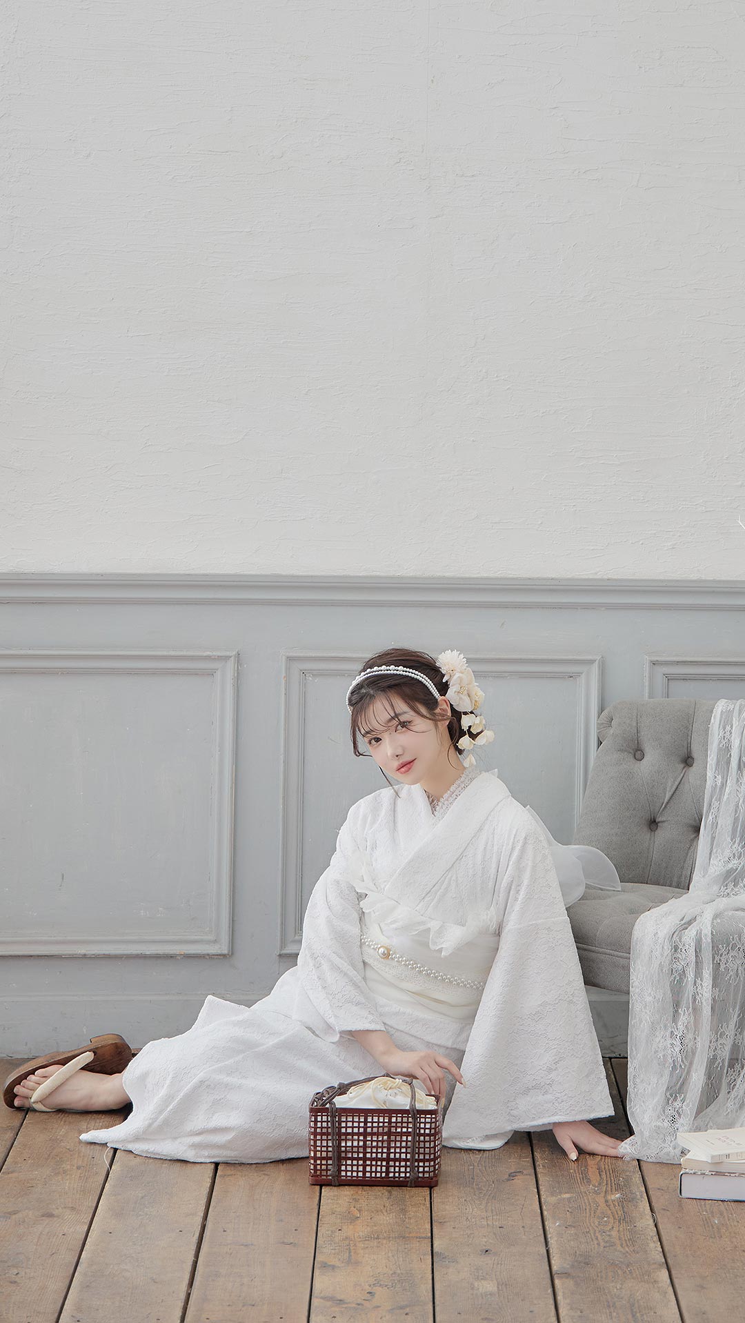 即日発送】【浴衣セール】白レース浴衣 【浴衣3点セット 浴衣/帯/下駄