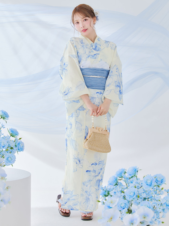 即日発送】グラデーションブルー牡丹和モダン浴衣【浴衣3点セット