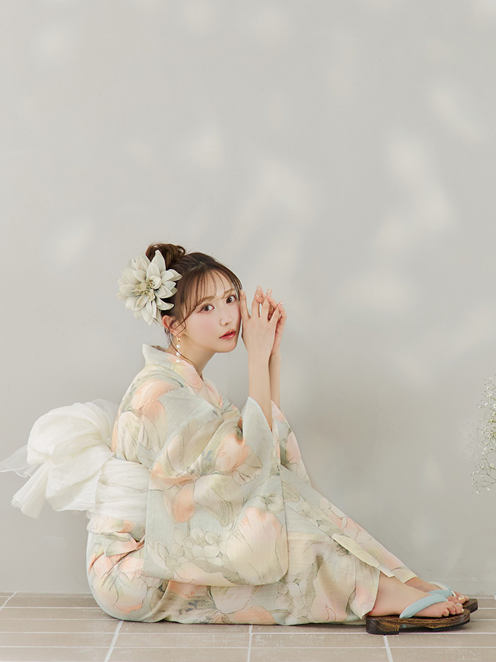 即日発送】アイシーミントフラワー浴衣【浴衣3点セット 浴衣/帯/下駄