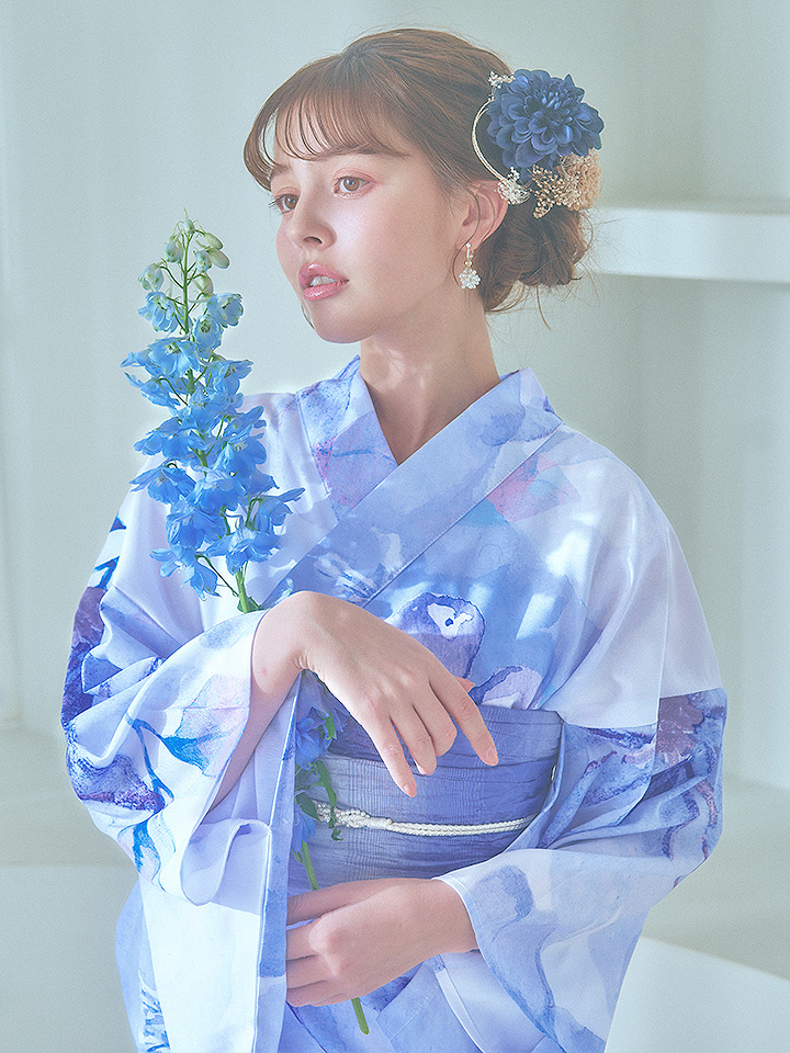 即日発送】水彩フラワーブルー浴衣【浴衣3点セット 浴衣/帯/下駄