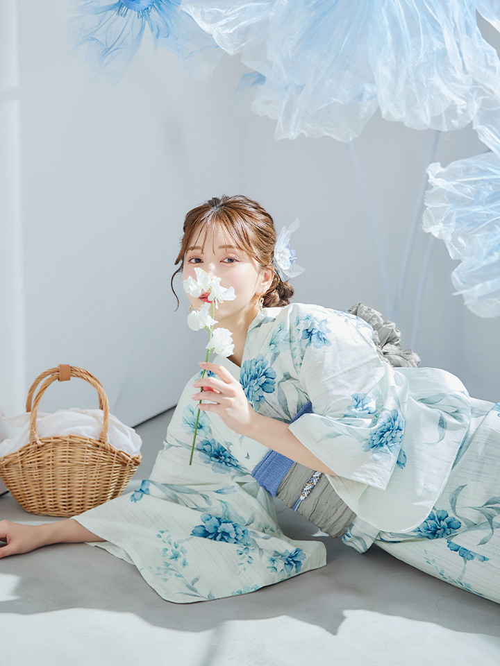 即日発送】【浴衣セール！】ブルーグリーン花柄浴衣 【浴衣3点セット