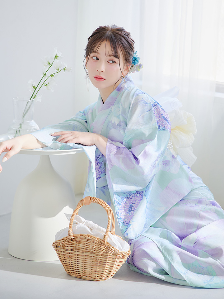 即日発送】ニュアンスフラワーミント牡丹浴衣 【浴衣3点セット 浴衣/帯