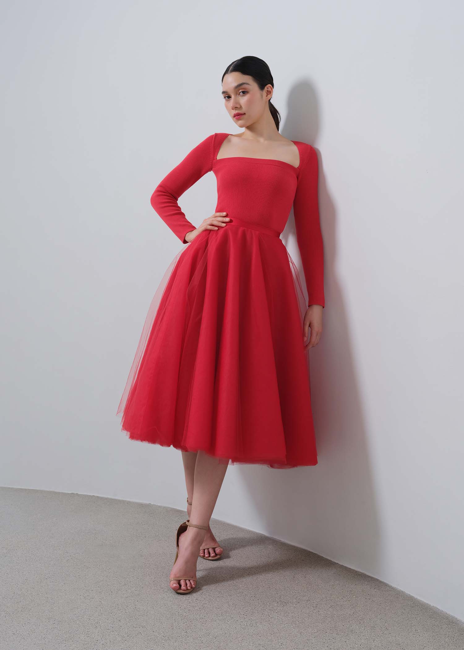 Red Tulle Net Skirt With Satin Crepe Waistband - POEM