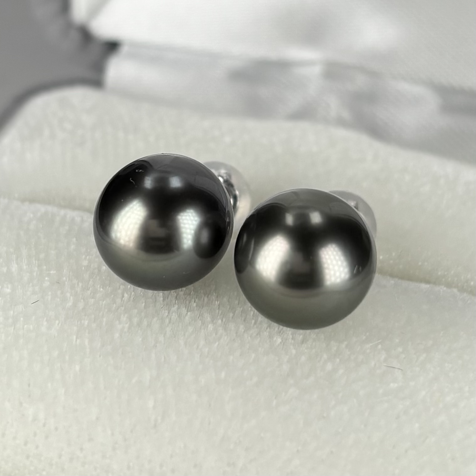 黒蝶真珠 パールピアス 9.75-10mm グリーン〜ブラック セミラウンド