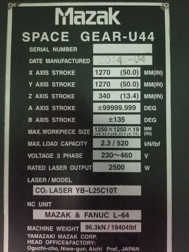 Mazak Space Gear U44 2500 Watt Laser - Lasers Fiber CO2 Tube Ref