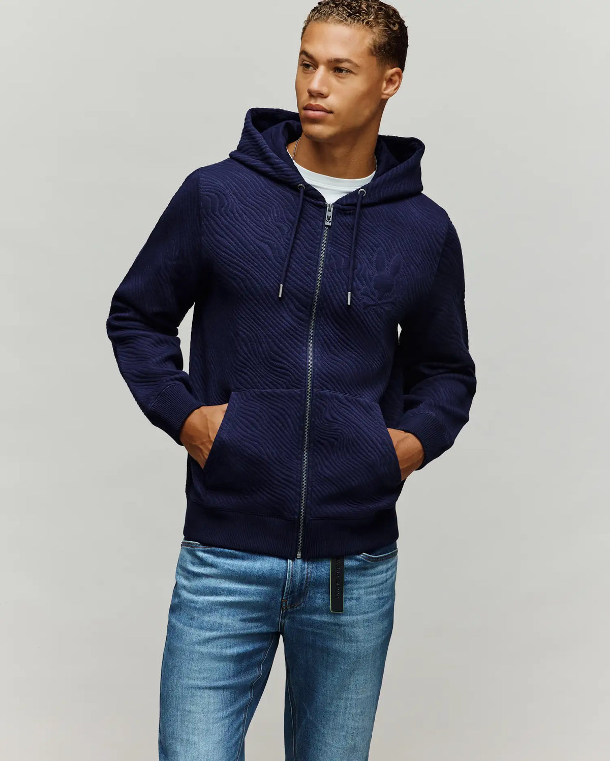 Men's Kendrick Double Knit Jacquard Zip Textured Hoodie in Blue
