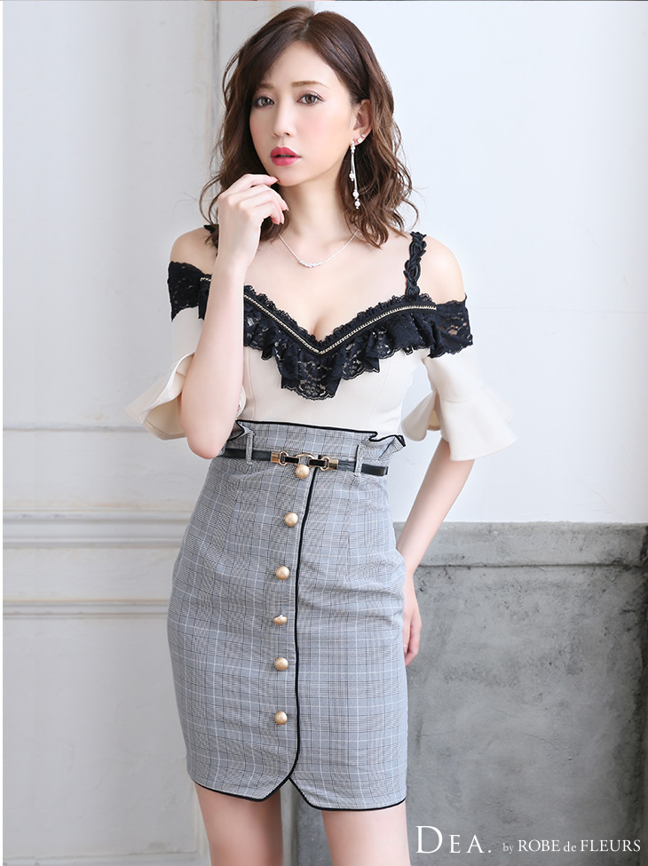 Lサイズあり】グレンチェック×オフショルタイトキャバドレス(DE1822)