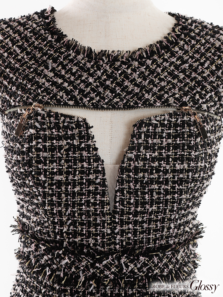 glossy ツイードxフロントジッパータイトミニキャバドレス 完売 XS～L