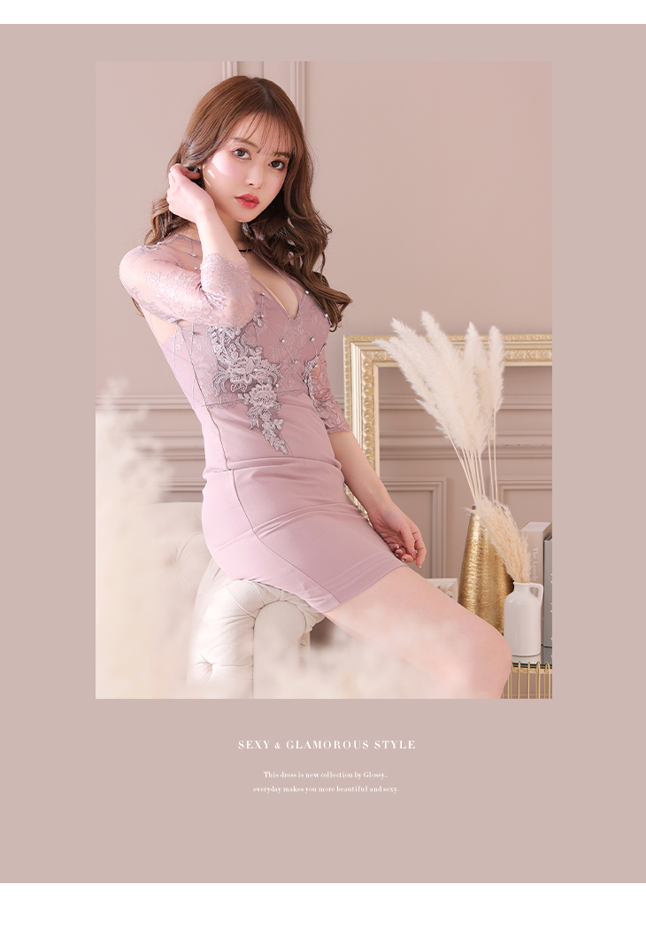 ROBEdeFLEURS ブロックチュールスリーブタイトミニキャバドレス XS～L