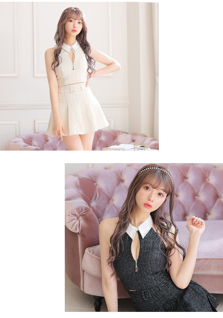 XSサイズあり】襟付きホルタージッパーツイードセットアップキャバ