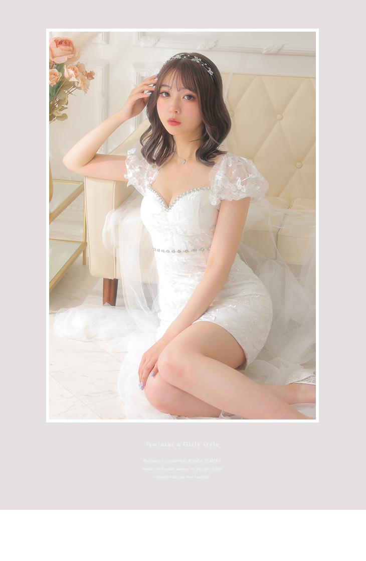 XSサイズあり】スパンコール付き刺繍レースxパフスリーブミニキャバ