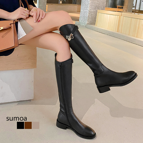 楽天市場】ロングブーツ ベルト付きロングブーツ ベルト チャンキー