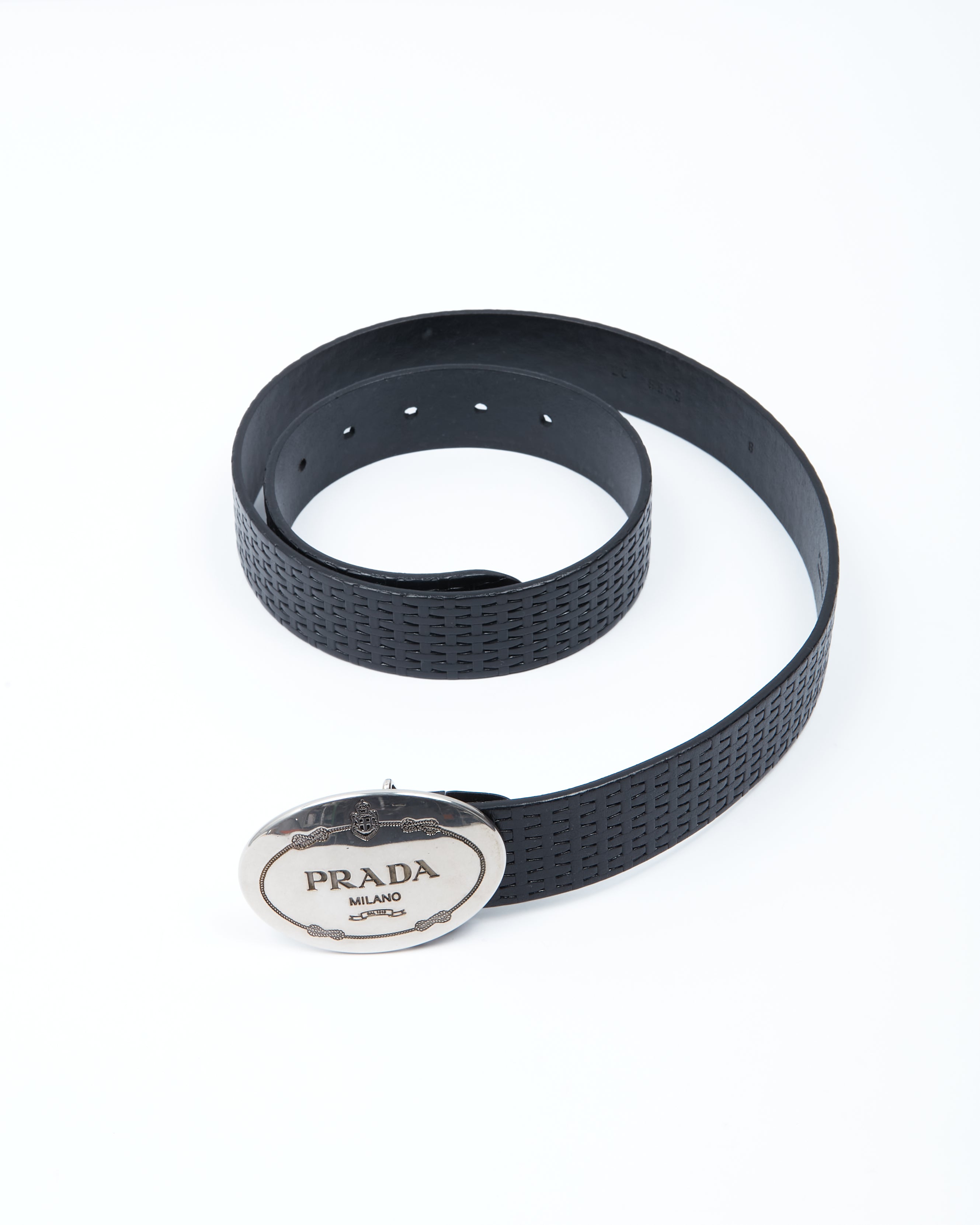 Explore a Prada Silver Oval Buckle Logo Black Leather Belt - 36/90